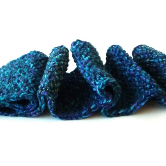 Handknit Scarf Blue Green Purple Wool Seed Stitch Tweed Unisex OOAK Hand Made - Picture 6 of 6